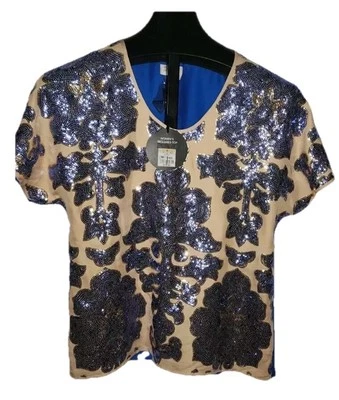 NUEVA Blusa de Diseñador Neiman Marcus Talla Pequeña Cuello en V Azul Dorado Boda Fiesta Foto 1 de 4