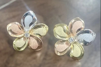14k 纯金三色钻石切割 Plumeria 花耳钉 夏威夷耳环 — 第 1/4 张图片