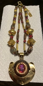 Vintage Designer ANTHONY ALEXANDER  Statement Pendant Necklace Glass Gold Tone - Picture 1 of 15