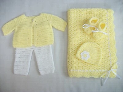 Crochet Baby Set - Blanket Sweater Pants Hat Booties 0-3m Handmade Shower Gift  - Image 1 of 4