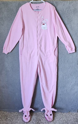 Nick & Nora One Piece Footie Pajamas Fleece Jumper Pink Bunny Easter Size Medium - Image 1 of 4