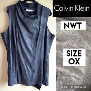 Calvin Klein Womens Dress Black Metallic Faux Suede Full Zip Sleeveless 0X NEW - Picture 1 of 22