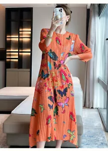 2024SS Fashion Pleated Printed Dress with Round Neck and Elegant A-line Skirt - Picture 1 of 15