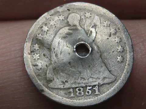 1851 O Seated Liberty Half Dime- New Orleans, Good Details, Holed Through Center Cover