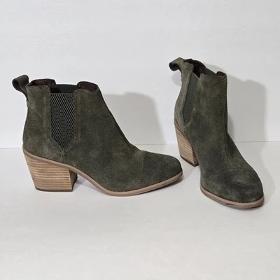 TOMS Boots Womens Size 7 Olive Green Suede Chelsea Everly Block Heel Stacked - Image 1 of 4