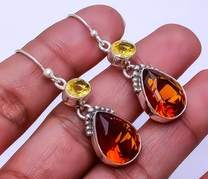 Hessonite Garnet & Citrine Designer 925 Sterling Silver Earring 1.72" E52 - Picture 1 of 3