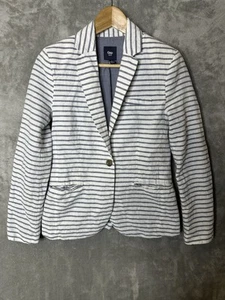 Gap Jacket Women’s 2 Linen Blend Striped Preppy 1 Button Blazer Blue White - Picture 1 of 9