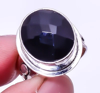 Anillo hecho a mano artesanal de plata de ley 925 facetado de ónix negro - Brasil s.7 A384 Foto 1 de 4