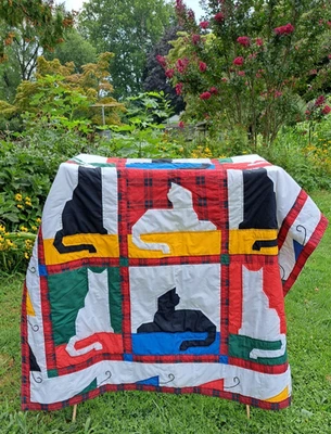 Vtg Cat & Mouse Quilt Throw Blanket 48” x 58" Hand Stitched Wall Hanging Black - Image 1 of 4