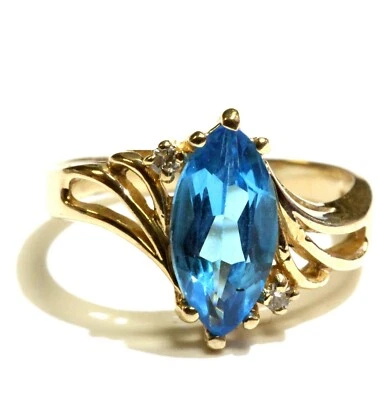 14k yellow gold .03ct diamond lab created blue topaz gemstone ring 3.5g estate 6 - Image 1 of 4