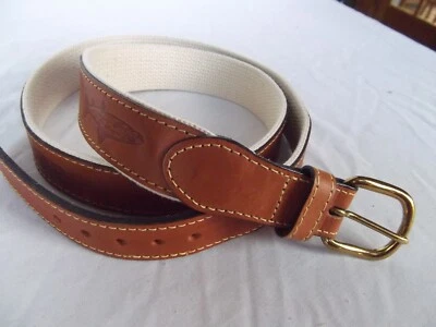 vtg Leatherman canvas belt 40 hand tooled emboss fish trout gold brass 1-1/4in - Image 1 of 4