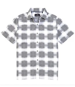 Hart Schaffner Marx Short Sleeve Exploded Check Camp Shirt WHITE/GRAY L - Picture 1 of 1