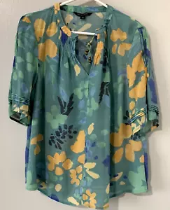 Blusa Zac & Rachel MEDIANA verde azulado y multicolor calce suelto arrugado floral usada en excelente estado - Imagen 1 de 13