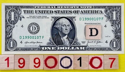 UNC 1990 January 7 Birthday Date Note Fancy Serial Number $1 Dollar Bill 0s 1s - Image 1 of 4