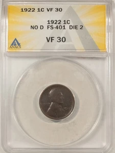 1922 NO D LINCOLN CENT, STRONG REVERSE - ANACS VF-30, KEY-DATE! - Picture 1 of 3