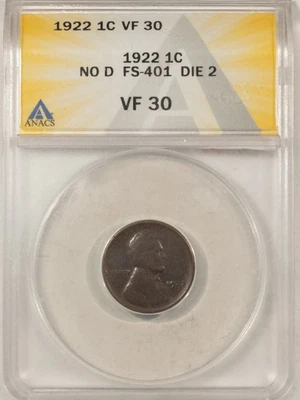 1922 NO D LINCOLN CENT, STRONG REVERSE - ANACS VF-30, KEY-DATE! - Image 1 of 3