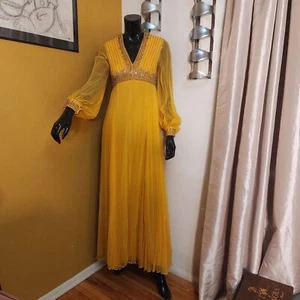 Vintage 70er Jahre Gold Gelb Chiffon Perlen Maxikleid Kleid - Bild 1 von 11