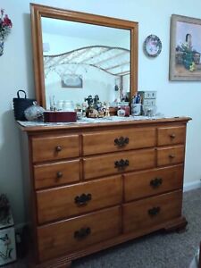 Vintage hard Rock maple Canopy bed with dresser & mirror, mattress & box springs