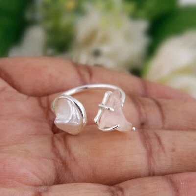 Fresh Water Pearl And Rose Quartz Sterling Silver Adjustable Ring Gift For Her - Image 1 of 4