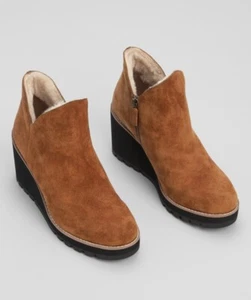 Eileen Fisher Chalet Ankle Booties 8.5 NWOT Wedge Fur Suede Comfort Shearling - Picture 1 of 10