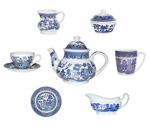 CHURCHILL BLUE WILLOW CHINA PLATES MUG CREAMER JUG SUGAR TRAY GRAVY BOAT DINNER  - Picture 1 of 14