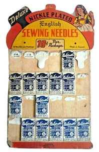 nATIONAL ENGLAND SEWING NEEDLES NICKLE PLATED STORE COUNTER DISPLAY AD neocurio - Picture 1 of 12
