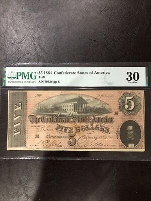 1864 $5 Confederate States od America  PMG 30 very fine  - Image 1 of 2
