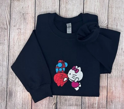 Hello Kitty  Spider-Man Kiss  Embroidered Crewneck Unisex Sweatshirt Trendy Gift - Image 1 of 4