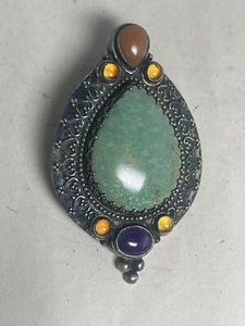 Turquoise Brooch Sterling 925 Designer Apple Green 2.25” X 1.35” Vintage - Picture 1 of 8