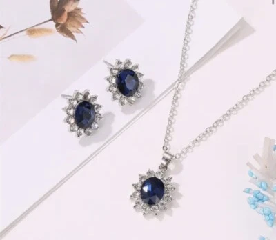 Blue synthetic Sapphire Pendant Necklace and Earring  14K White Gold Plated  - Image 1 of 4