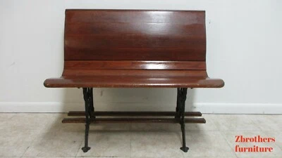 Antique Bench Settee Victorian Cast Iron Oak Church Pew Railroad Gothic  37" B - Image 1 of 4