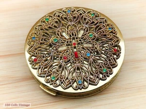 Gold tone Filigree with diamantes-Vintage Make Up/Powder Compact-202 - Picture 1 of 6