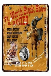 Ft Worth Rodeo Metal Tin Sign Broncs Bull Roping Poster Very Distressed - Picture 1 of 1