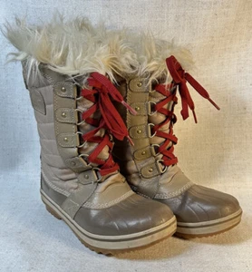 Sorel Girls Sz 4 Tan Lace Up Faux Fur Lined Waterproof Snow Winter Boots - Picture 1 of 6