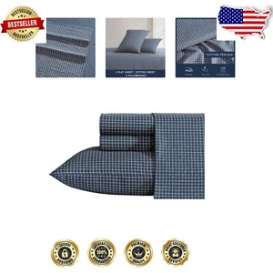Full Sheets Set with Nautical Plaid Design - 200 Thread Count Cotton Percale - Picture 1 of 9