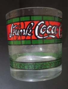 Coca-Cola Short Clear Glass Forest Green & Red Tiffany band on top & bottom 8oz - Picture 1 of 5