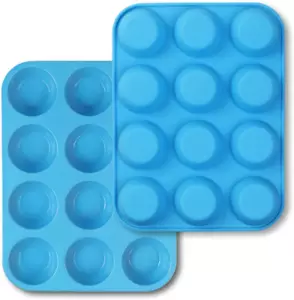 12 Cups Muffin Pan 2Pcs Silicone Cupcake Bake Tray Non-Stick Mold Oven Bakeware - Picture 1 of 12
