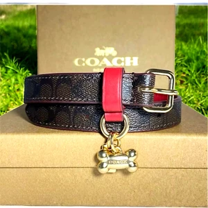 Coach Large Dog Collar Brown Red Signature C with an Apple AirTag Tracker NIB - Picture 1 of 10
