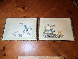 2 pinturas chinas vintage sobre seda, flores y pájaros azules firmadas mismo artista - Imagen 1 de 12