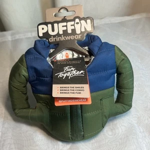 The Puffy Beverage Jacket Puffin Drinkwear Insulated Can Cooler Blue/Green NEW - Picture 1 of 5