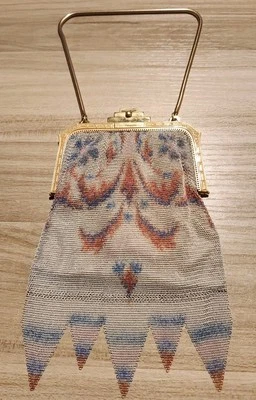 Cartera de malla vintage Whiting & Davis Dresden diseño acuarela azul/naranja/rosa Foto 1 de 4