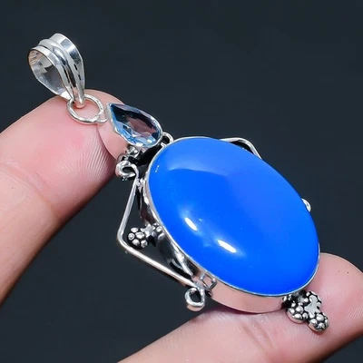 Pendente In Argento Sterling 925 Con Gemma Di Calcedonio Viola E Topazio Bianco - Immagine 1 di 4