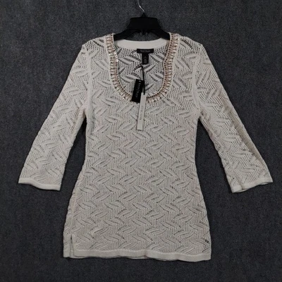 Suéter túnica para mujer White House Black Market mediano blanco adornado ganchillo Foto 1 de 4