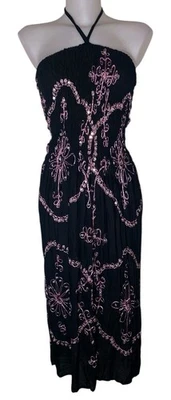 Y2k 90s Women's Black & Pink Embroidered Smock Whimsigoth Halter Dress Sz S - Image 1 of 4