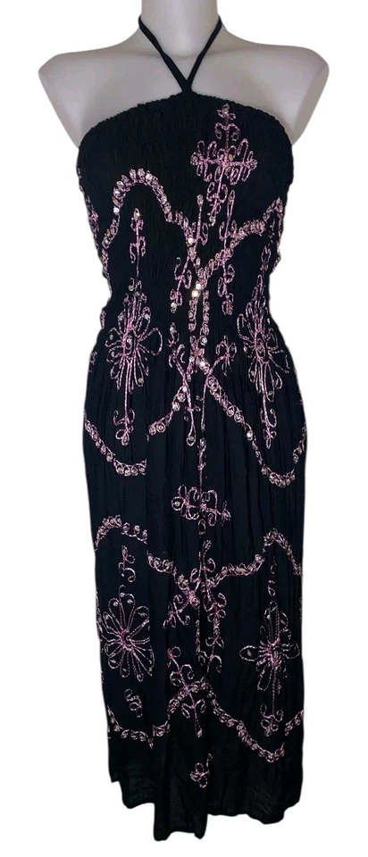 Vestido halter caprichoso bordado negro y rosa Y2k años 90 para mujer talla S Foto 1 de 4