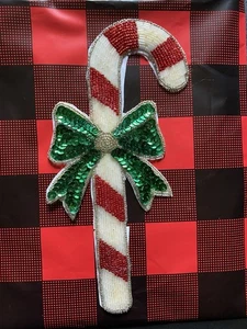 Vintage Candy Cane Sequin/Beaded Holiday Hand Crafted Stocking/Sweater Appliqué - Picture 1 of 5