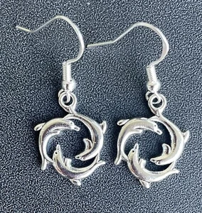 Dolphins Swimming Round Dangle Drop Earrings .925 Sterling Silver Ear Hooks - Picture 1 of 6