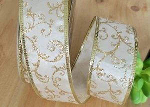 1.5 Inch (5 YDS) Wired Christmas Ribbon Gold w/Gold Trim Gift Wrap Bows Wreaths - Picture 1 of 1