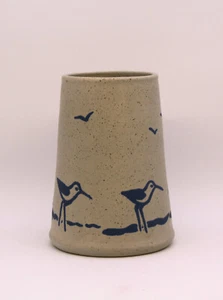 Sanibel Pottery 6-3/4" Vase Blue Sandpipers/Seagulls 1984 Vintage Utensil Holder - Picture 1 of 7