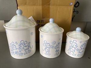 Set 3 Disney Ceramic Canisters Mickey & Minnie Mouse Flowers New